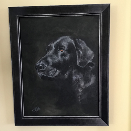 Black Labrador painting by Claire Dale framed on wall